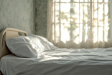 Poster - Sunlit hospital bed, peaceful and serene, offering comfort and rest.