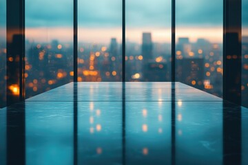 Poster - Reflective surface in a modern high-rise building overlooking a cityscape at twilight.
