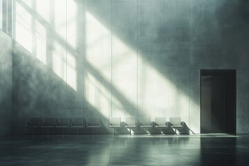 Poster - Sunlit minimalist waiting area with concrete walls and modern chairs.
