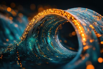 Poster - Abstract digital wave, glowing teal and orange, technological data flow concept.