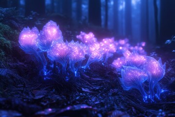 Aufkleber - Glowing bioluminescent fungi illuminate a dark forest floor, creating a magical, ethereal scene.