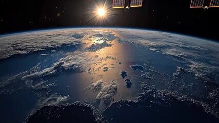 Wall Mural - earth illuminated by sunset over ocean with milky way visible in background from space, earth with s