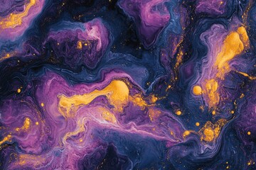 Poster - Abstract cosmic swirls of purple, gold, and blue paint create a mesmerizing galaxy-like effect.