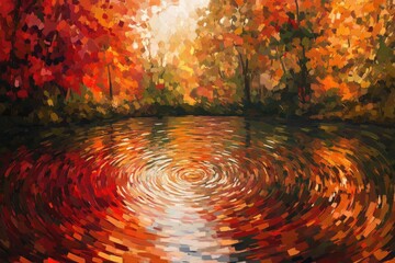 Poster - Autumnal reflection in a calm lake, surrounded by vibrant red and orange foliage.