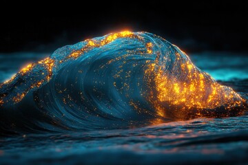 Poster - A luminous ocean wave, seemingly ablaze with golden sparks, crashes in a dark sea.