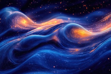 Poster - Abstract cosmic landscape with swirling nebulae, glowing orange and blue hues, and sparkling dust.