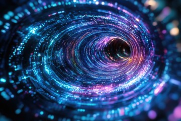 Poster - A mesmerizing swirling vortex of vibrant blue and pink light, resembling a digital tunnel or wormhole.