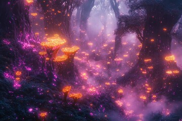 Aufkleber - Enchanted forest with glowing, bioluminescent mushrooms and trees in a mystical, dreamy atmosphere.