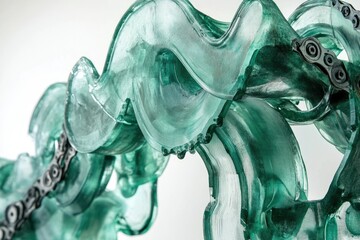 Aufkleber - Abstract sculpture of intertwined translucent green forms, resembling a flowing chain.