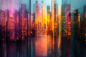 Poster - A vibrant cityscape viewed through rain-streaked glass, showcasing the city's warm, inviting glow at night.
