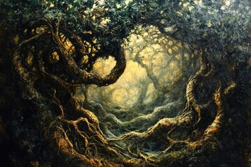 Aufkleber - Enchanted forest path, ancient gnarled trees, mystical golden light, magical atmosphere.