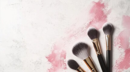 Poster - Makeup brushes dispersed with soft blush strokes on a light background showcasing a minimalist artistic design for cosmetics brands Generative AI