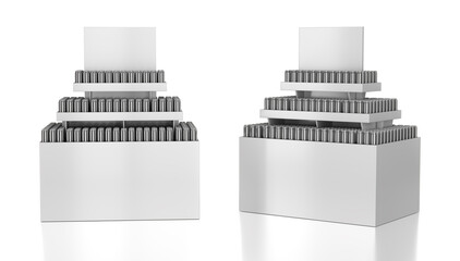 Retail cardboard POS display stand mockup with glossy metal cans, square pedestal and topper. 3d illustration set on white background