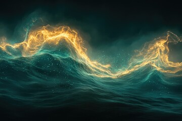 Aufkleber - Glowing golden waves ripple across a dark teal ocean, creating a mystical and ethereal seascape.