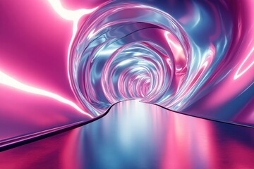 Poster - Abstract pink and blue neon tunnel, glossy reflective surface, swirling design, futuristic, vibrant colors.