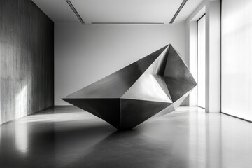 Aufkleber - A large, angular, metallic sculpture rests on a polished floor in a minimalist gallery setting.