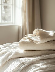 Fototapete - Soft light illuminates freshly washed towels and linens in a cozy bedroom filled with warmth and a sense of home Generative AI
