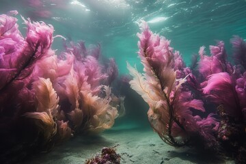 Aufkleber - Vibrant pink and orange seaweed underwater, creating a surreal and beautiful ocean scene.