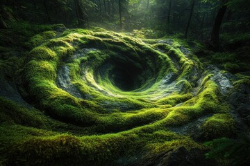 Aufkleber - Moss-covered stone formation creates a mesmerizing swirling pattern around a dark hole in a forest.