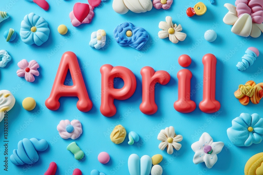 Brightly colored decorations featuring the word April are surrounded by various candies and flowers. The vibrant display showcases spring-themed elements and playful designs against a blue background.