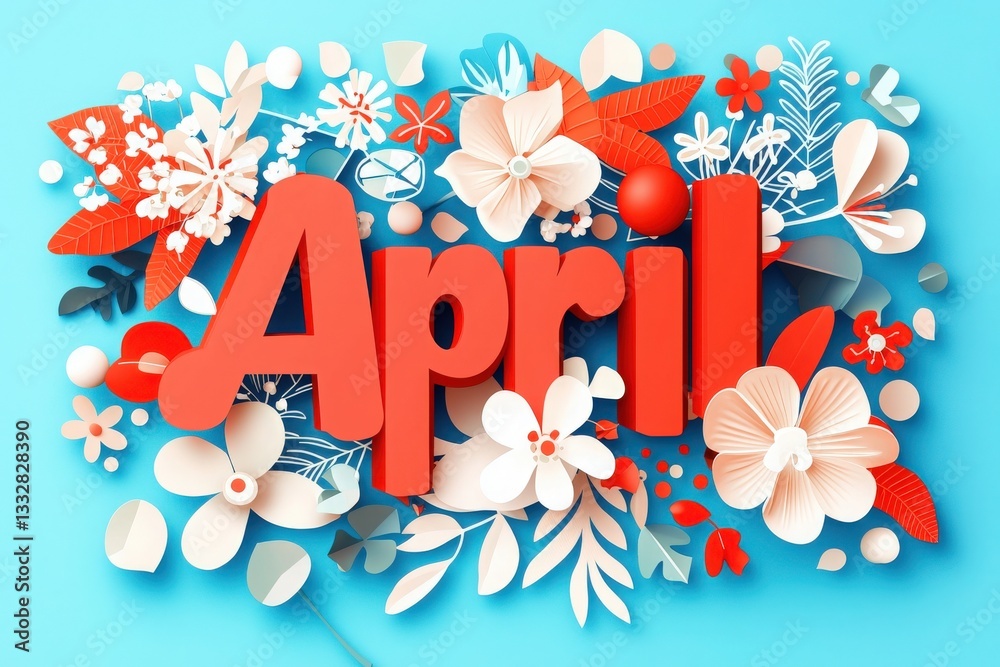 A vibrant and colorful arrangement showcases the word April surrounded by various flowers and leaves. The background is a soft blue, enhancing the cheerful springtime aesthetic.
