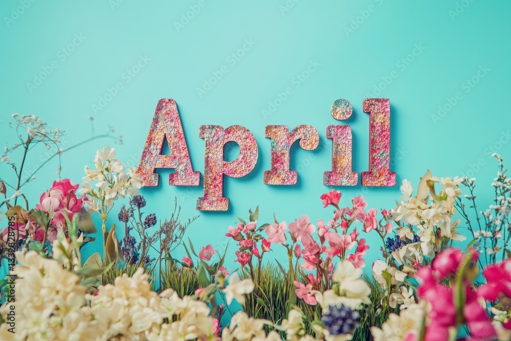 Brightly colored flowers surround the sparkling letters spelling April on a turquoise background, capturing the essence of spring with cheerful vibes and floral beauty.
