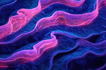 Poster - Abstract digital art showcasing vibrant pink and blue glowing waves, creating a mesmerizing and surreal landscape.