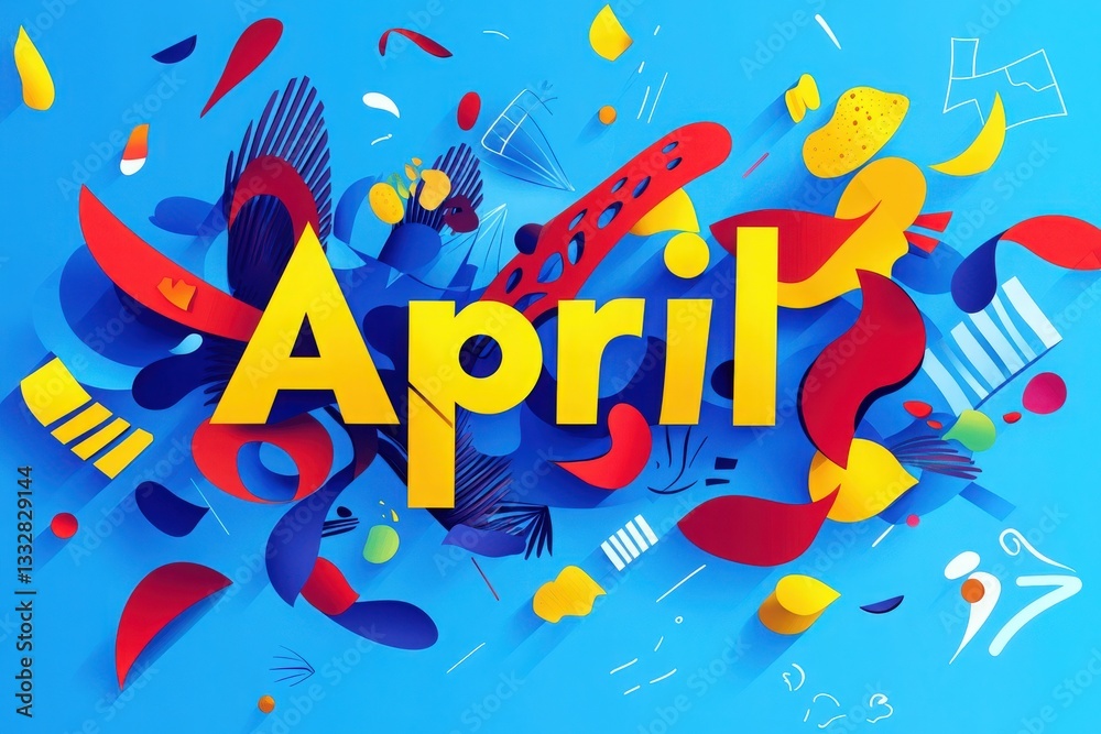 Bright and lively design showcasing the word April in bold yellow. Colorful shapes and abstract patterns fill the background, creating an energetic and playful atmosphere.