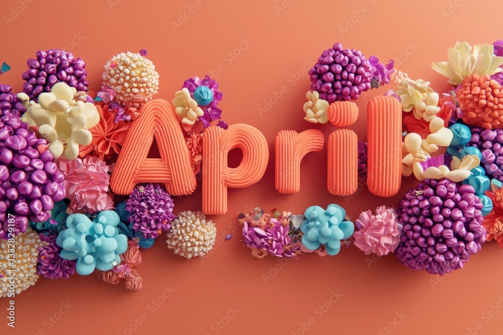 Bright and vibrant decorations feature the word April surrounded by an array of colorful, artistic flowers. This composition showcases the playful spirit of springtime.