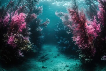 Poster - Vibrant underwater scene with pink and purple coral formations creating a magical, ethereal path.