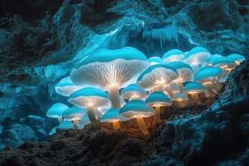 Poster - Glowing bioluminescent mushrooms illuminate a dark cave, creating an ethereal, magical scene.