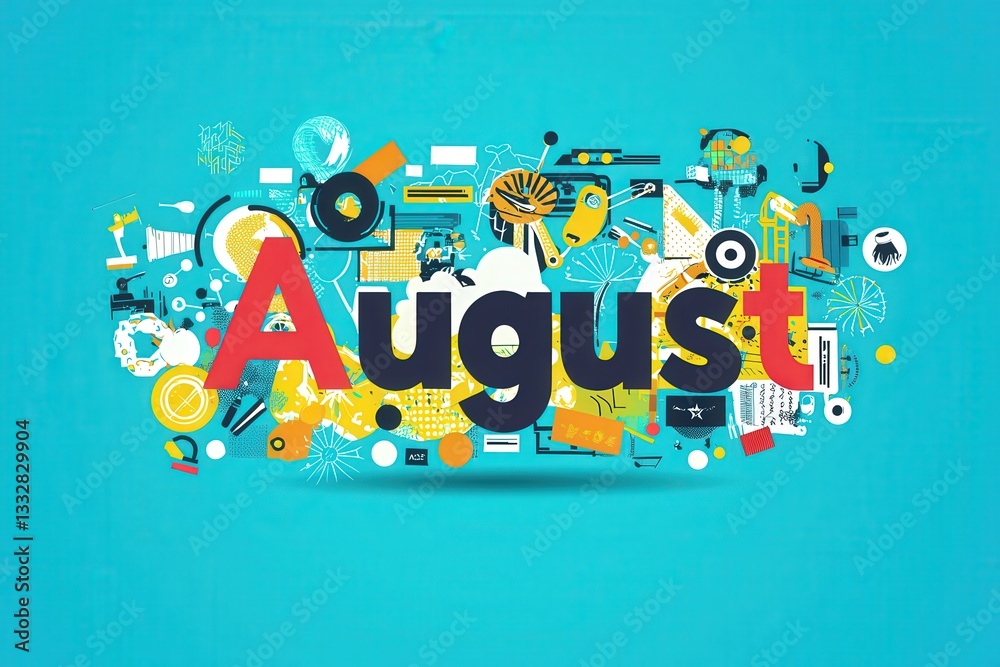 A vibrant collage displays the word August prominently, surrounded by colorful icons and designs. The mix of shapes and colors captures the essence of summer activities and celebrations.