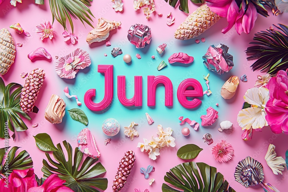 Colorful decorations showcase the theme of June with bright flowers, fruits, and various playful items. The layout features pink and teal contrasting colors, creating a lively summer atmosphere.