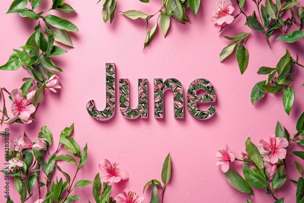 Colorful letters spelling June rest on a pink background, surrounded by fresh green leaves and delicate pink flowers, celebrating the arrival of summer and the beauty of nature.