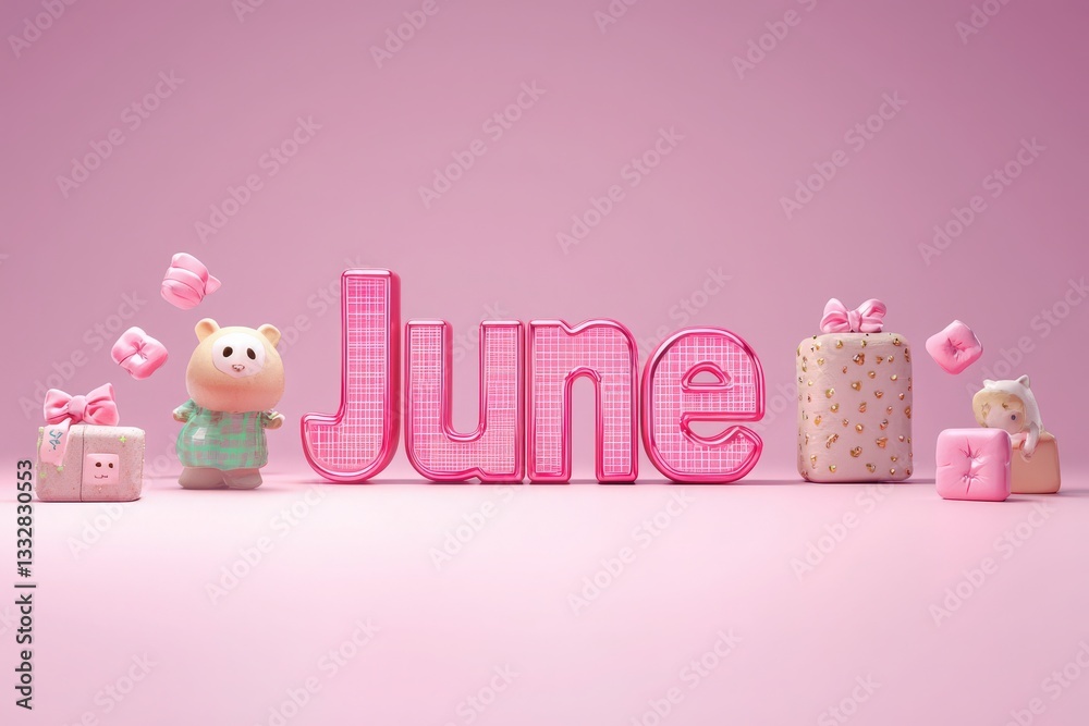 Colorful letters spell out June against a soft pink background, surrounded by charming gifts and cute teddy bear figures, creating a festive and joyful atmosphere.