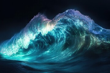 Aufkleber - A luminous, turquoise ocean wave crests in the dark, showcasing its powerful, ethereal beauty.