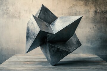 Fototapete - Abstract metallic sculpture, geometric shapes interlocked, creating a complex, visually intriguing form.