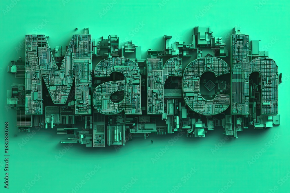 March is depicted in bold letters, crafted from a detailed cityscape design, awash in a vibrant green hue that emphasizes the urban theme.