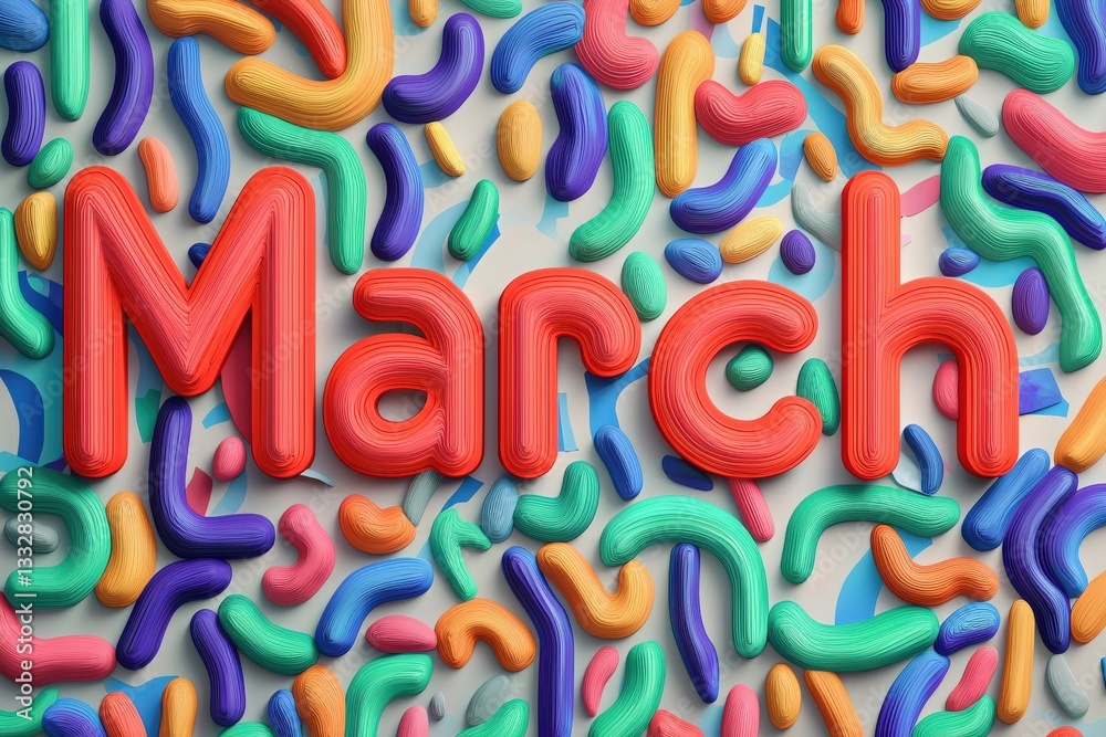 Bold text reading March is surrounded by colorful, wavy shapes and patterns, creating a playful and dynamic display. This lively composition evokes a sense of joy and creativity.