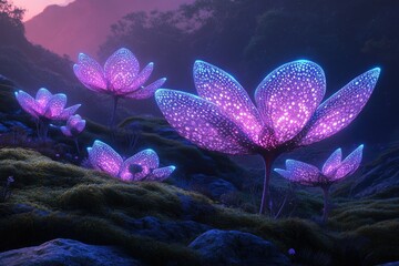 Poster - Glowing bioluminescent flowers illuminate a mystical, mossy landscape at twilight.