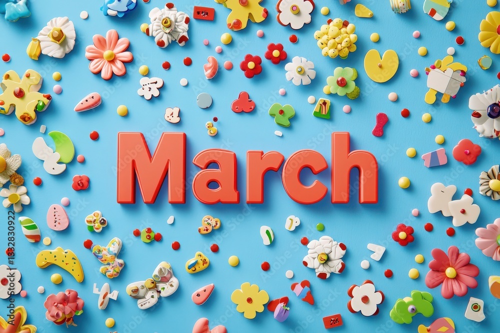 Brightly colored decorations are spread across a blue background with the word March prominently displayed. Cookie shapes, flowers, and playful designs create a festive atmosphere suitable for spring.