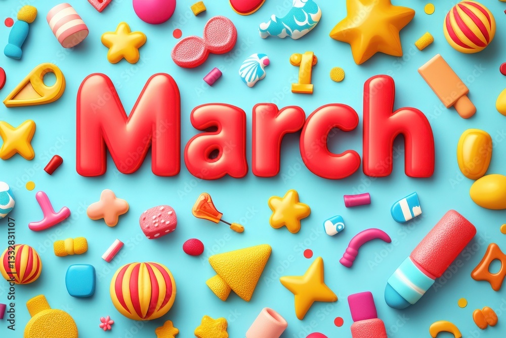 Colorful letters spelling March are surrounded by various playful shapes and objects in bright tones.