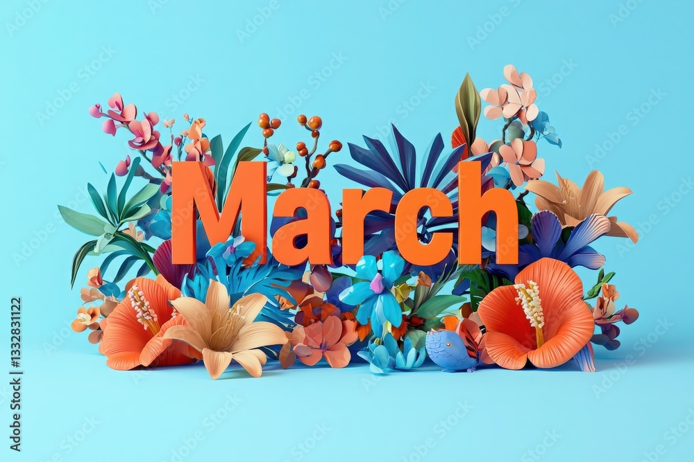 A vibrant arrangement featuring the word March amidst an array of colorful flowers and leaves.