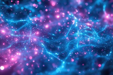 Poster - Abstract cosmic nebula with glowing pink and blue energy waves, sparkling particles and bokeh.