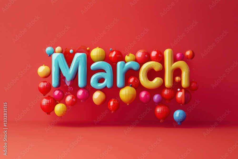 Festive decorations feature the word March in bold letters surrounded by an array of colorful balloons. Perfect for celebrations, events, or seasonal promotions that brighten the atmosphere.