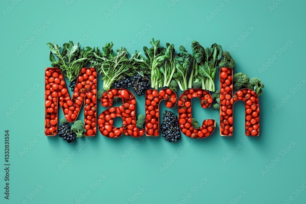 March is artistically highlighted with vibrant tomatoes, blackberries, broccoli, and leafy greens arranged to form the word. The teal background enhances the colorful display of produce.