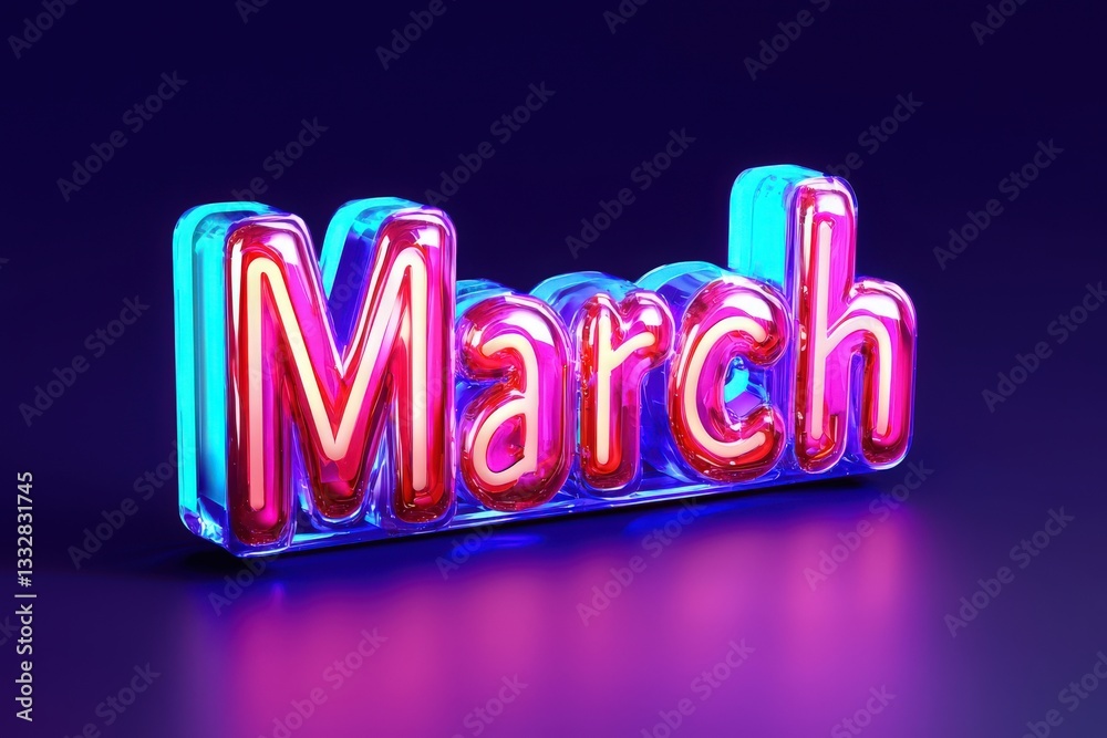 A vibrant neon sign spelling March glows in shades of blue and pink. The colorful letters stand out against a dark surface, creating a mesmerizing visual display that attracts attention.