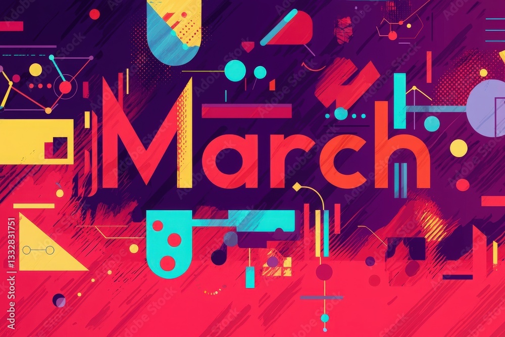 Vibrant graphic design showcases the word March surrounded by abstract shapes and bold colors on a dynamic background, creating an energetic and eye-catching display perfect for spring.
