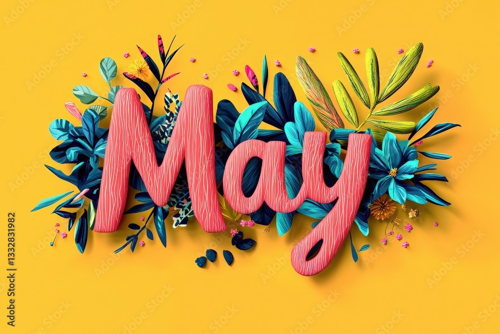 A lively design showcases the word May in bold pink letters, surrounded by vibrant green and blue leaves and flowers against a bright yellow background, celebrating the arrival of spring.