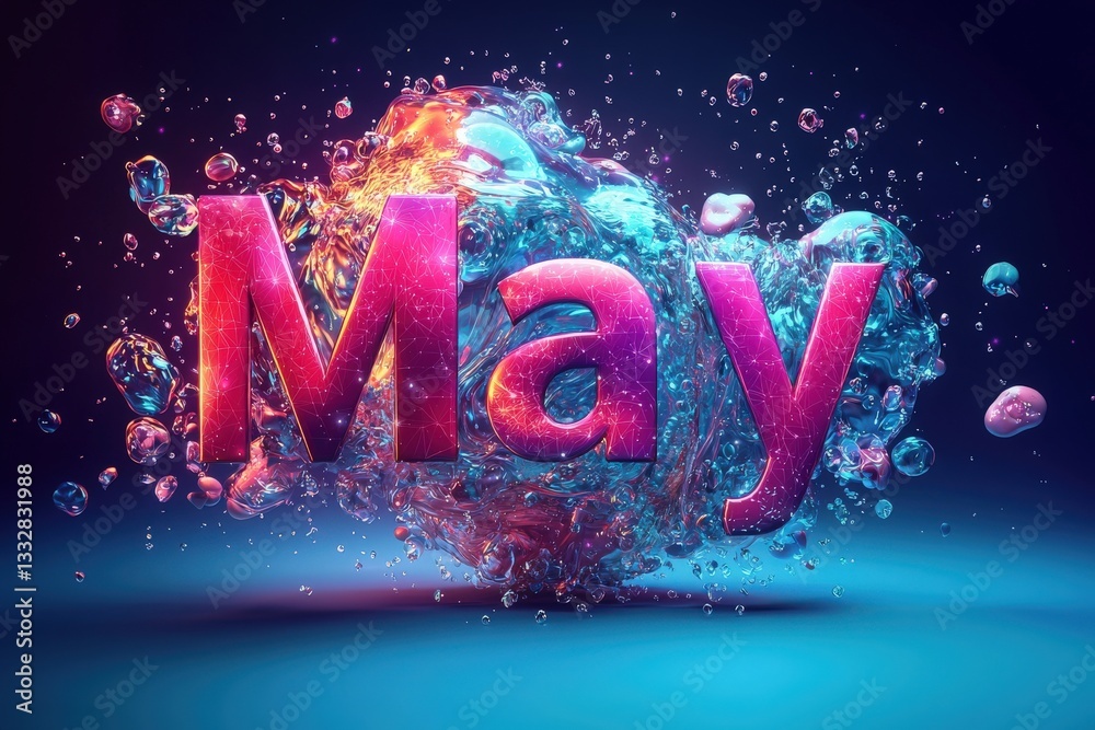 Bold letters spelling May emerge through vivid splashes of water, creating an eye-catching visual. The background showcases a rich interplay of colors, enhancing the festive atmosphere.
